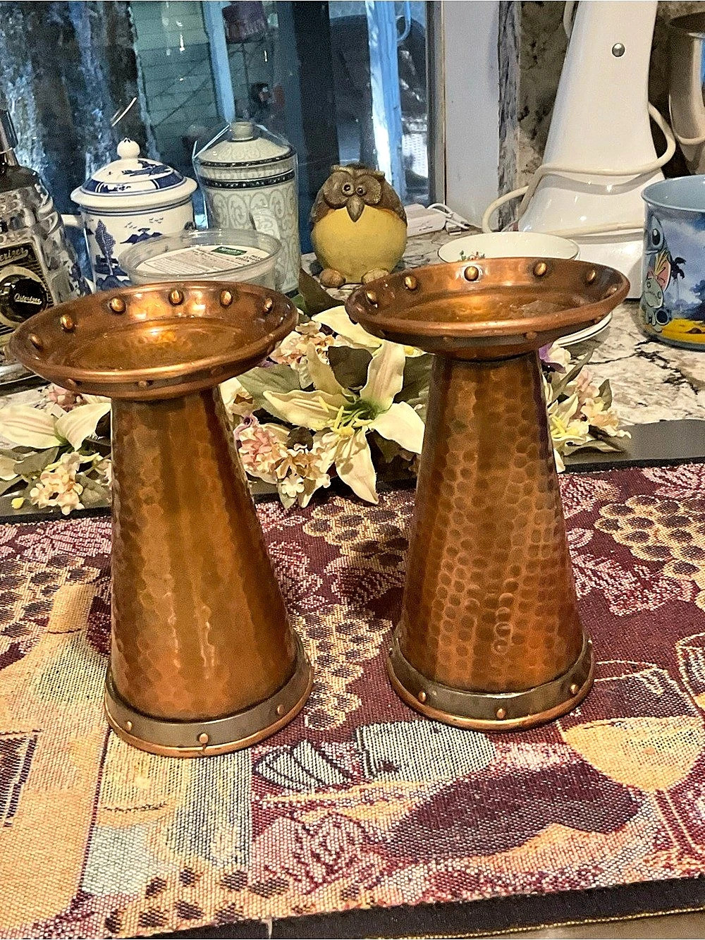 Shelf 1-The White Barn Candle Co. Hammered Copper Pillar Candle Holder Pair. Ham